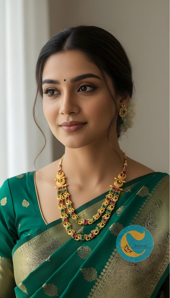 Ruby-Green Dual Tone Kemp Double Layer Necklace Set