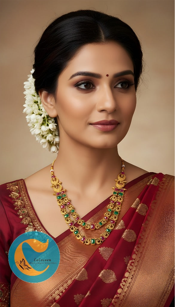 Ruby-Green Dual Tone Kemp Double Layer Necklace Set