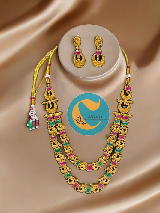 Ruby-Green Dual Tone Kemp Double Layer Necklace Set