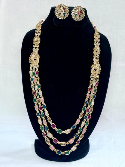 Traditional Kundan Long Layered Necklace Set with Earrings MultiColour
