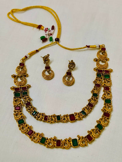 Ruby-Green Dual Tone Kemp Double Layer Necklace Set