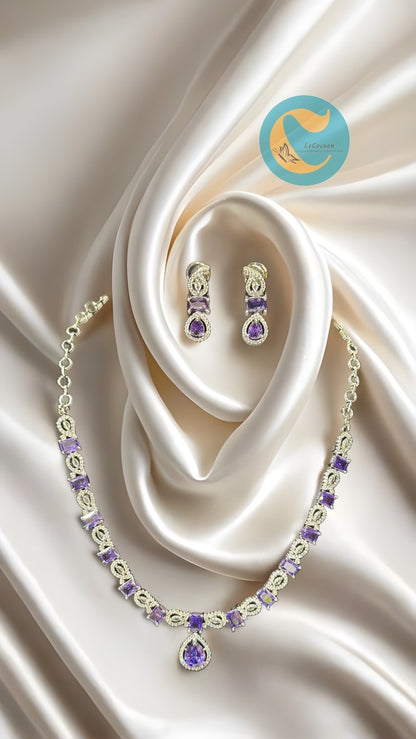 Purple American Diamond Necklace Set with Earrings