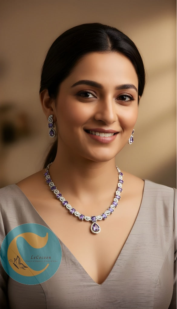 Purple American Diamond Necklace Set with Earrings