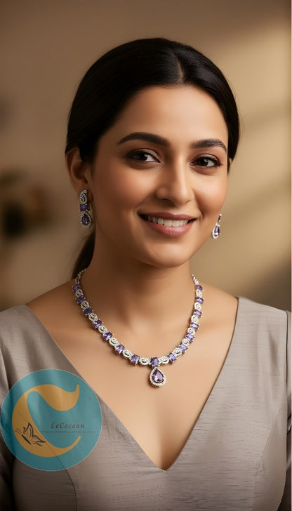 Purple American Diamond Necklace Set with Earrings