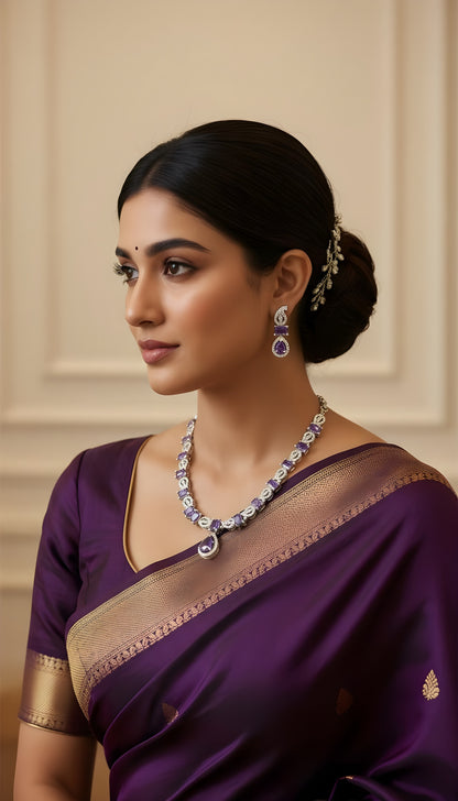 Purple American Diamond Necklace Set with Earrings