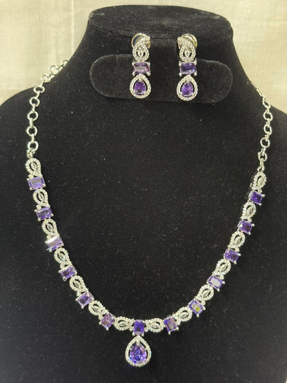 Purple American Diamond Necklace Set with Earrings
