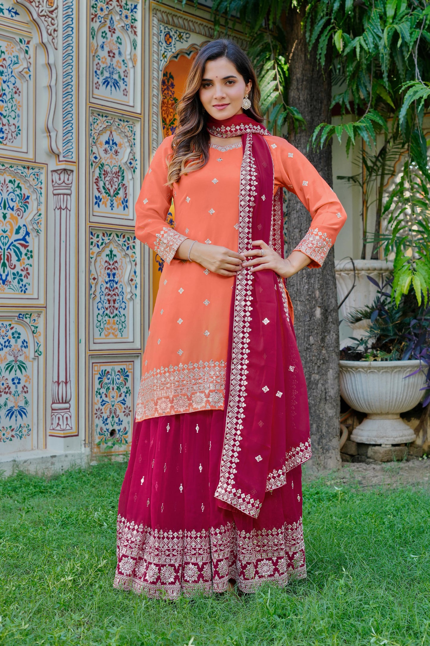 Faux Georgette Kurta Sharara Set with Embroidered Dupatta