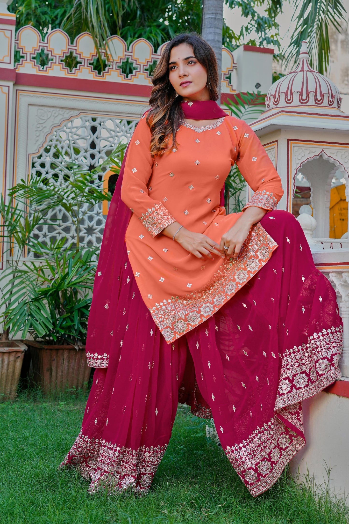 Faux Georgette Kurta Sharara Set with Embroidered Dupatta