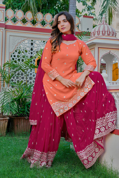 Faux Georgette Kurta Sharara Set with Embroidered Dupatta