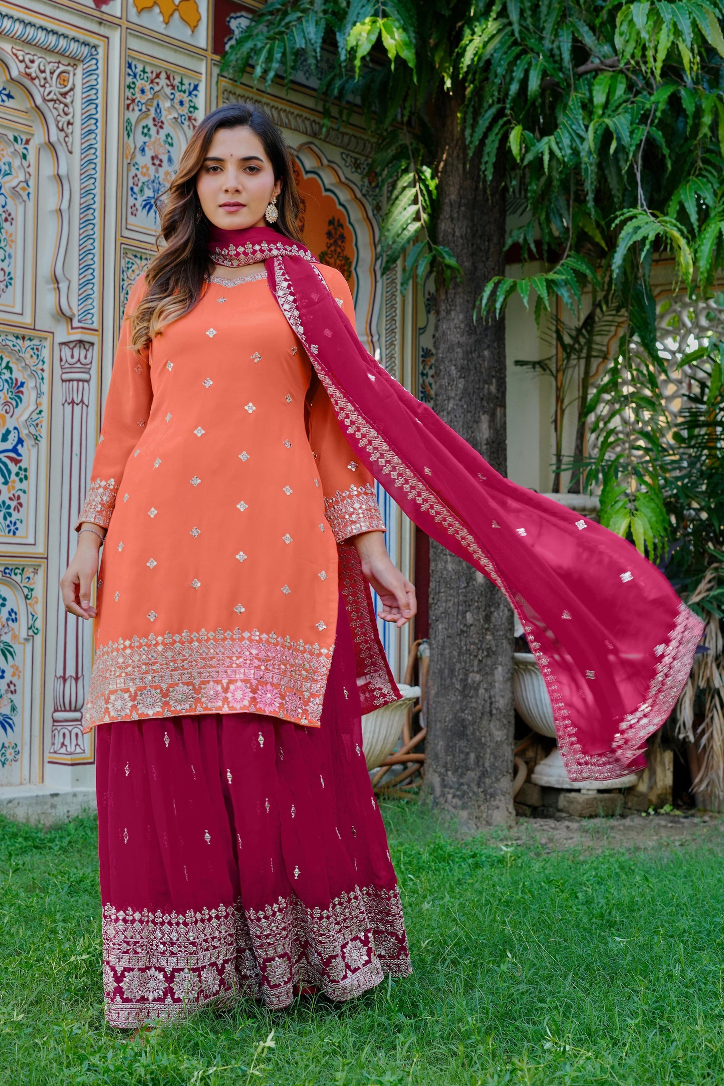 Faux Georgette Kurta Sharara Set with Embroidered Dupatta