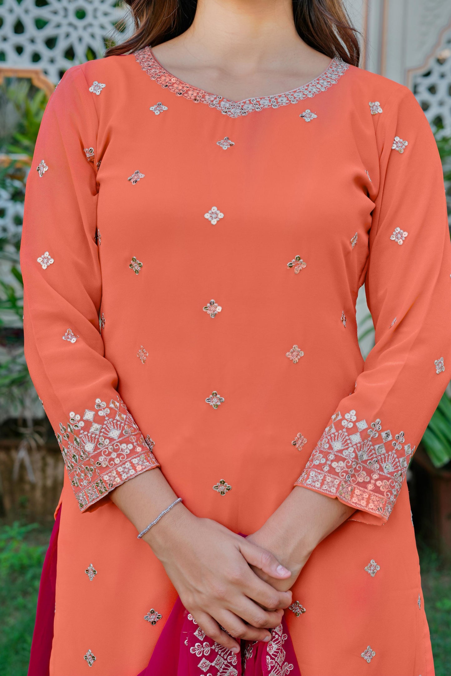 Faux Georgette Kurta Sharara Set with Embroidered Dupatta
