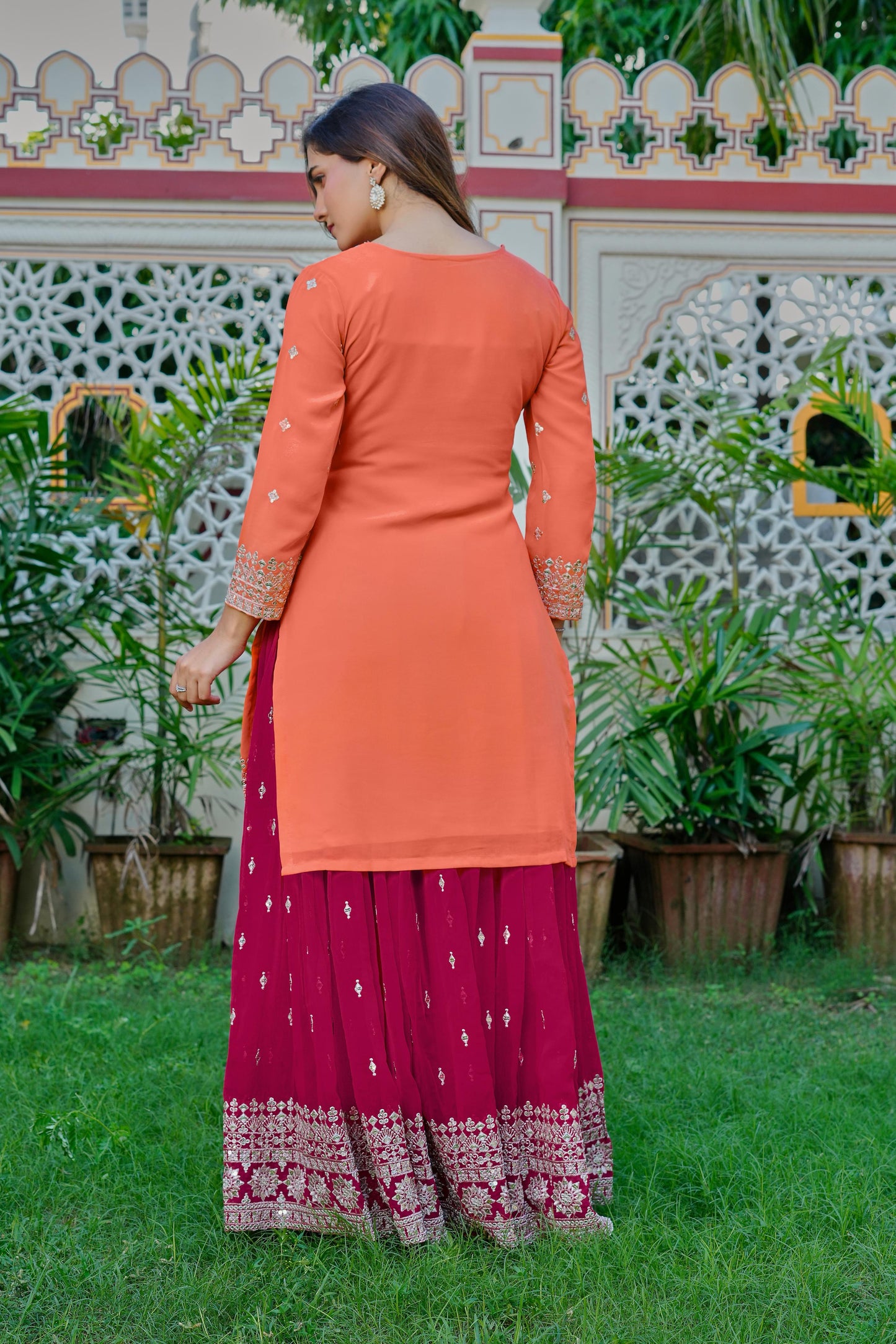 Faux Georgette Kurta Sharara Set with Embroidered Dupatta
