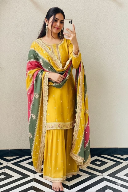 Embroidered Georgette Sharara Suit Set with Dupatta