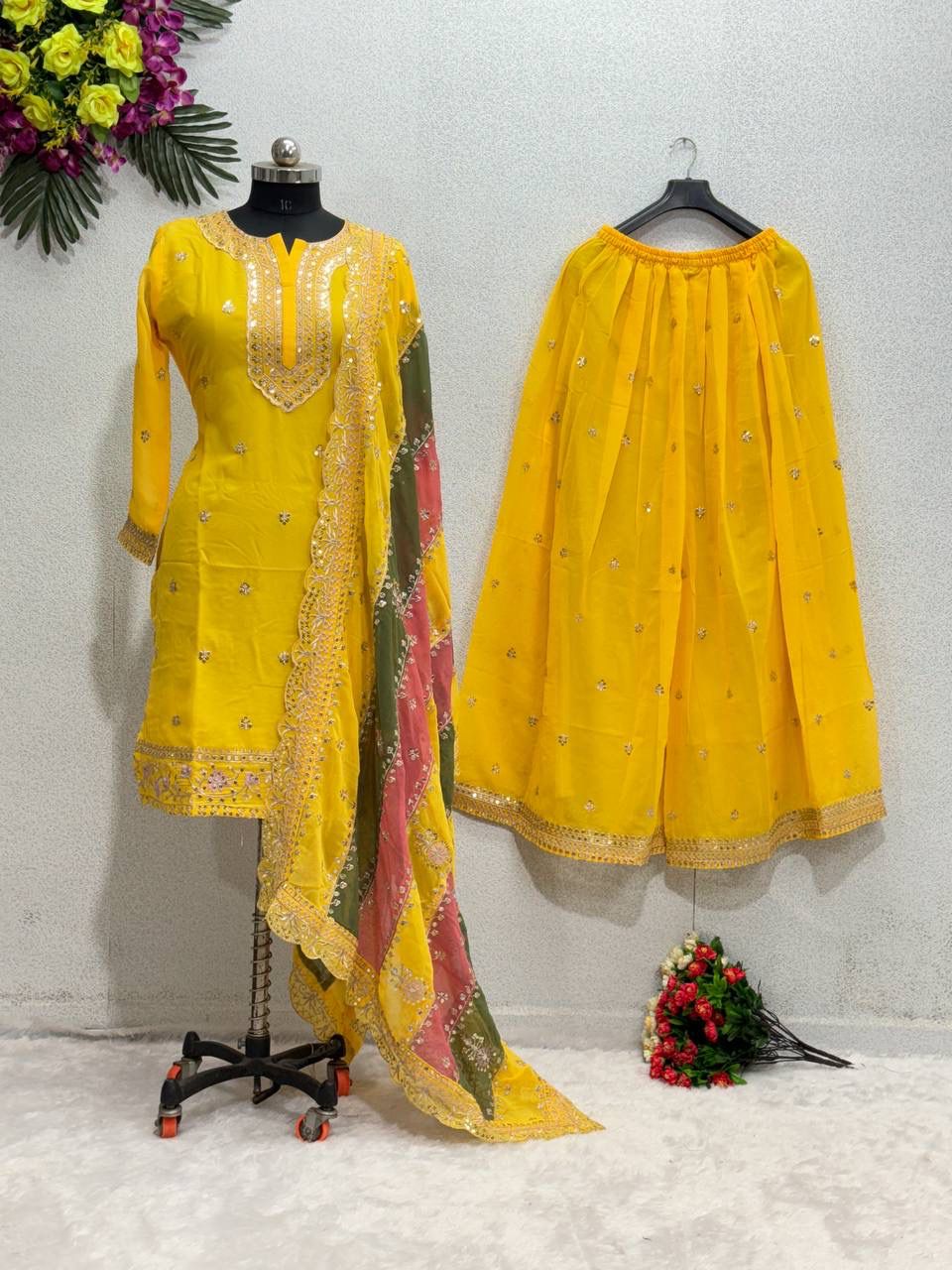 Embroidered Georgette Sharara Suit Set with Dupatta