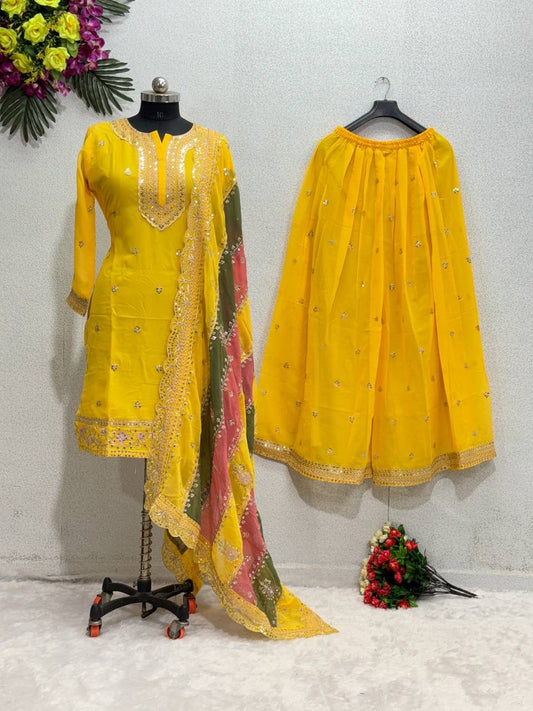 Embroidered Georgette Sharara Suit Set with Dupatta