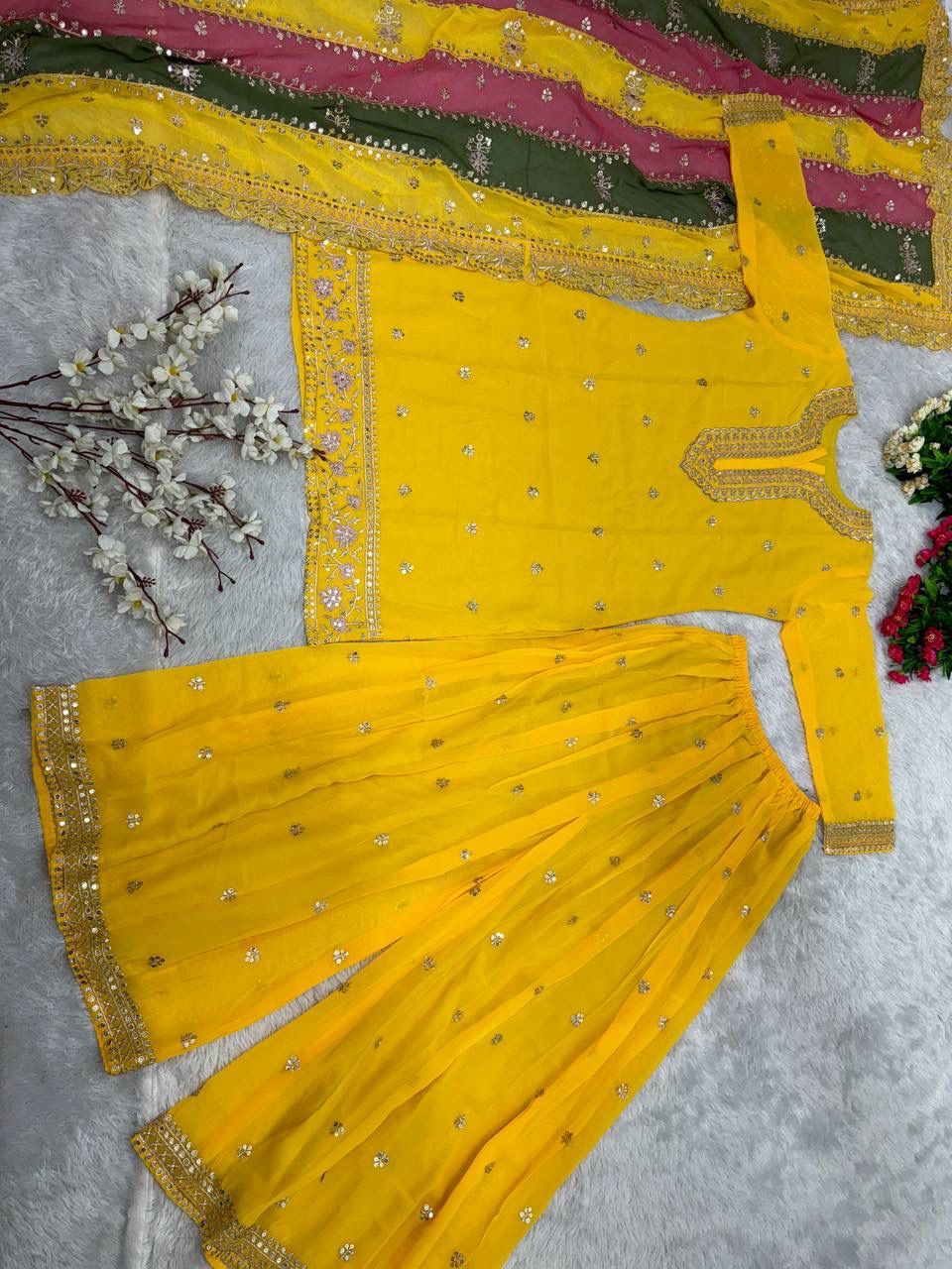 Embroidered Georgette Sharara Suit Set with Dupatta