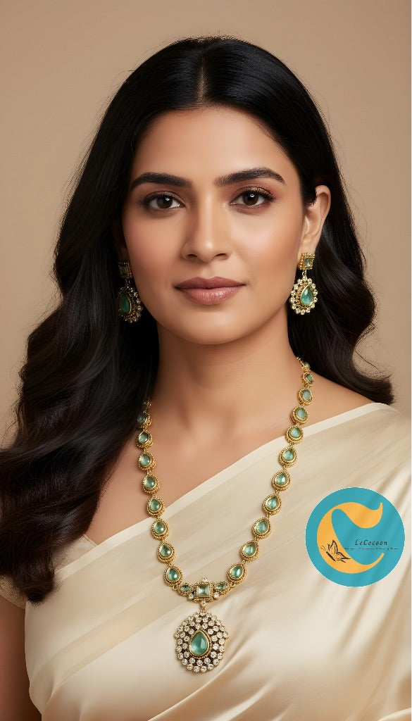 Light Green Pear Drop Stone Necklace Set with Earrings