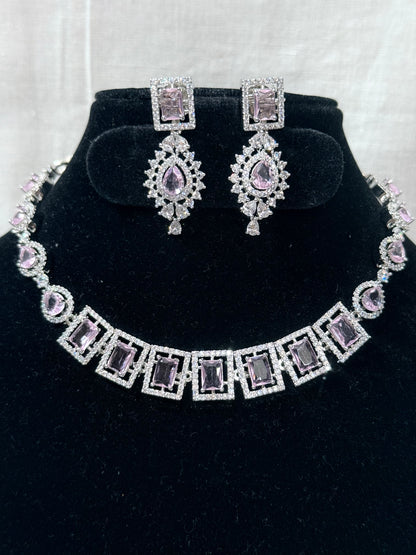 Lavender American Diamond Necklace Set with Earrings