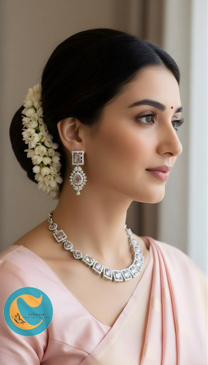 Lavender American Diamond Necklace Set with Earrings