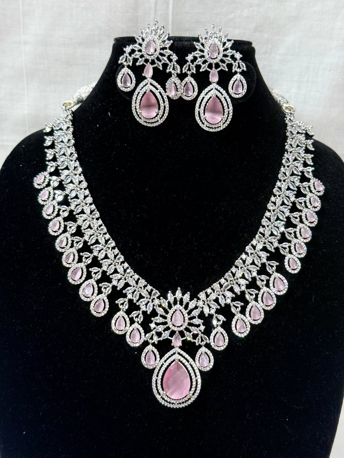 Baby Pink Bridal American Diamond Necklace Set with Earrings