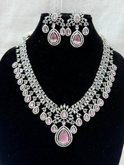 Baby Pink Bridal American Diamond Necklace Set with Earrings