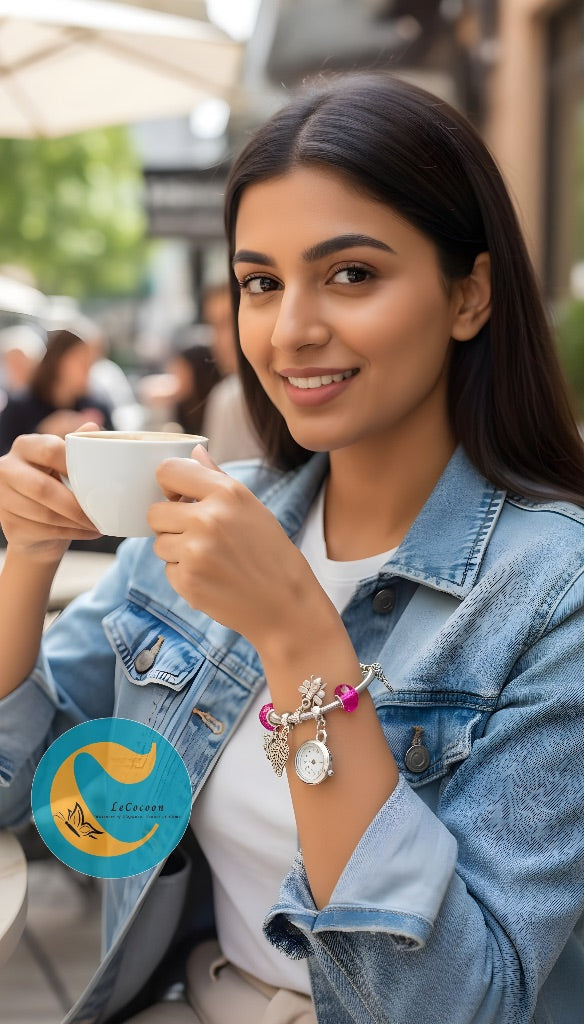 Silver Charm Bracelet Watch – Hot Pink Edition