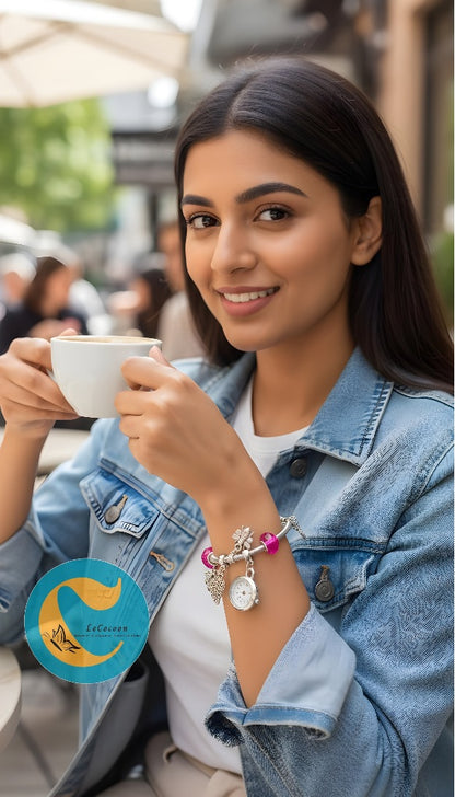 Silver Charm Bracelet Watch – Hot Pink Edition