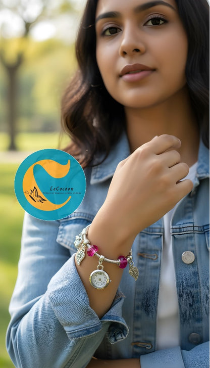 Silver Charm Bracelet Watch – Hot Pink Edition