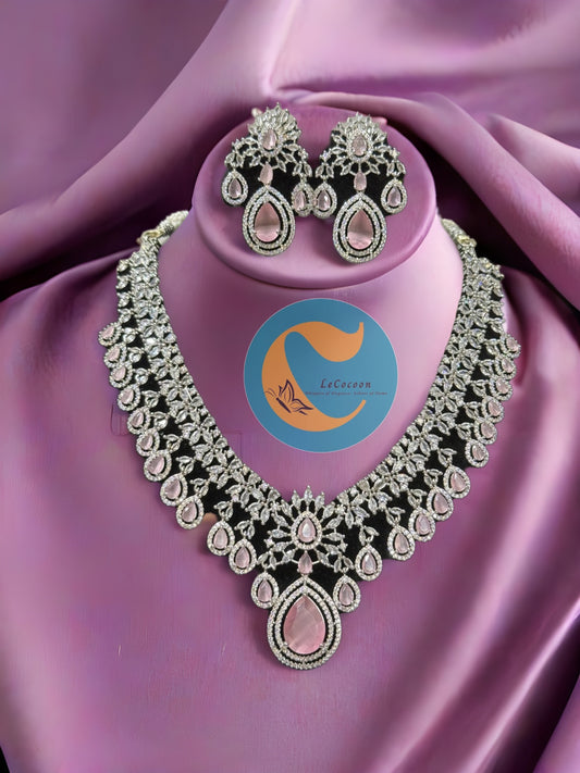 Baby Pink Bridal American Diamond Necklace Set with Earrings