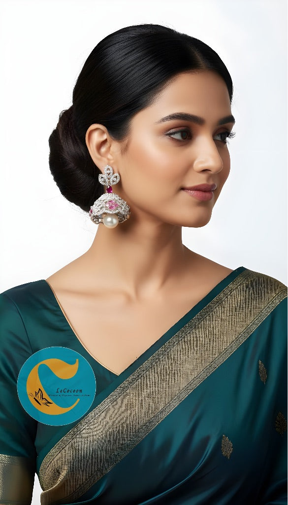 Ruby Red Diamond Finish Pearl Drop Earrings | Festive Bridal Jewellery