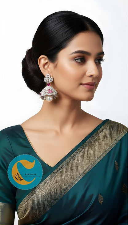 Ruby Red Diamond Finish Pearl Drop Earrings | Festive Bridal Jewellery