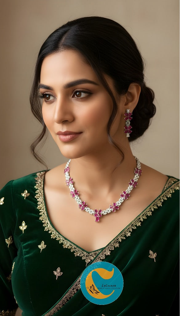 Pink Floral American Diamond Necklace Set with Earrings