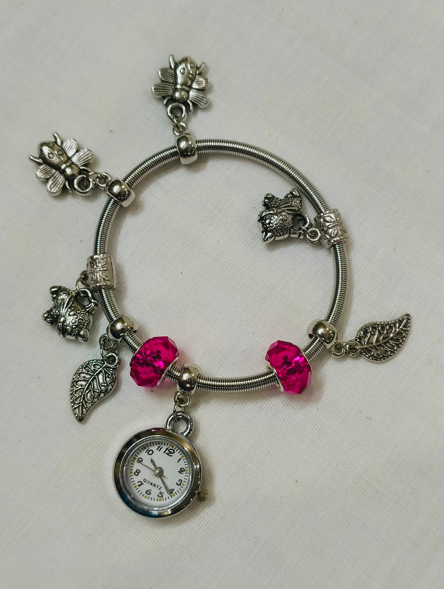 Silver Charm Bracelet Watch – Hot Pink Edition