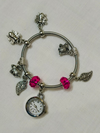 Silver Charm Bracelet Watch – Hot Pink Edition