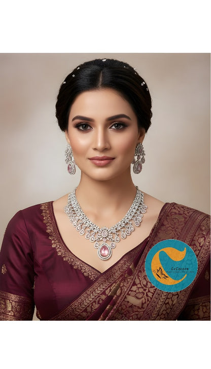Baby Pink Bridal American Diamond Necklace Set with Earrings