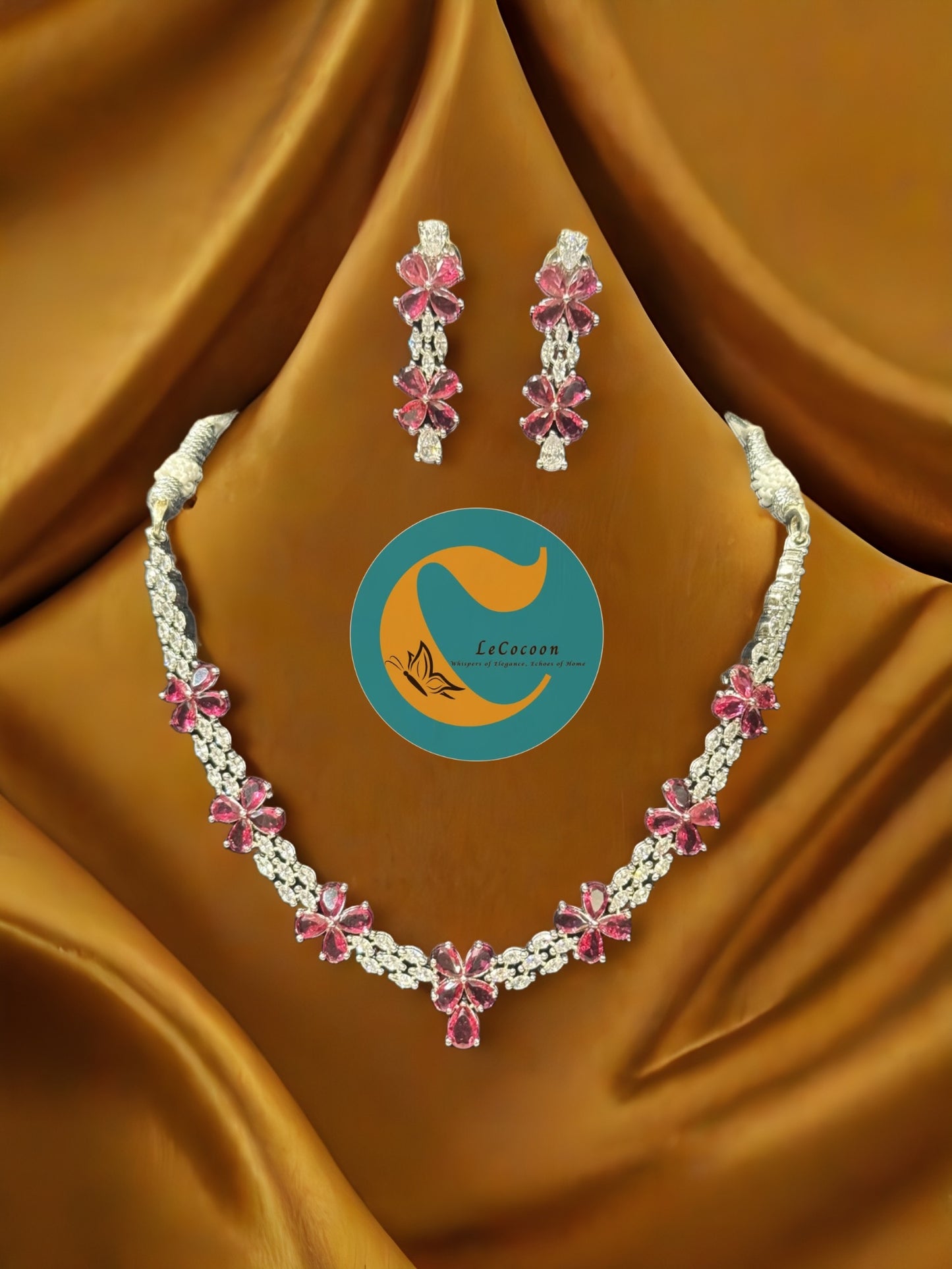 Pink Floral American Diamond Necklace Set with Earrings