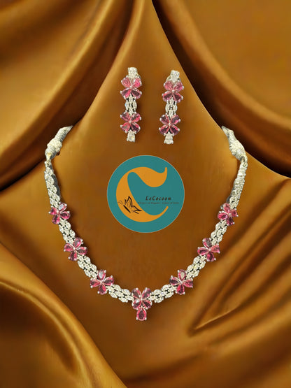 Pink Floral American Diamond Necklace Set with Earrings