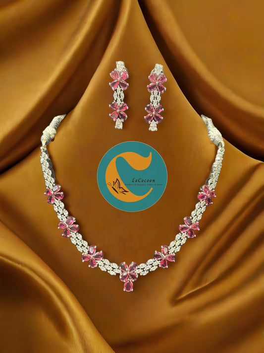 Pink Floral American Diamond Necklace Set with Earrings