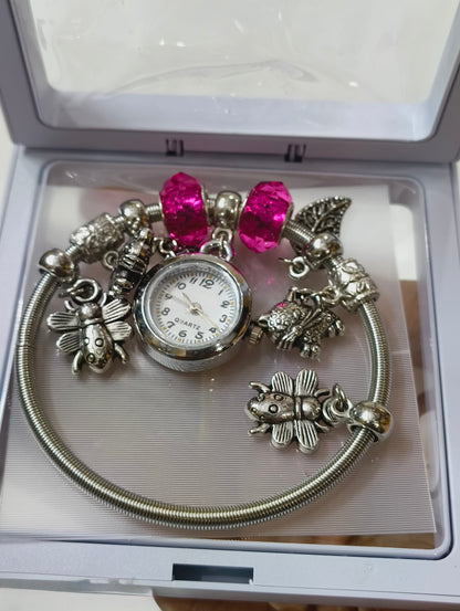 Silver Charm Bracelet Watch – Hot Pink Edition
