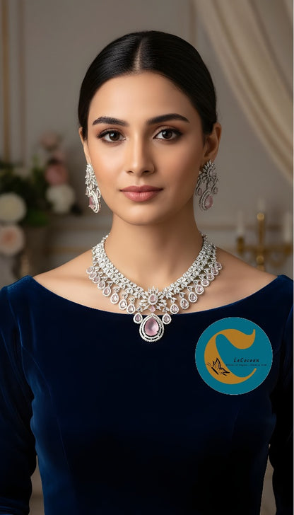 Baby Pink Bridal American Diamond Necklace Set with Earrings