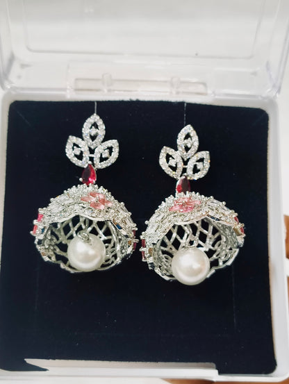 Ruby Red Diamond Finish Pearl Drop Earrings | Festive Bridal Jewellery