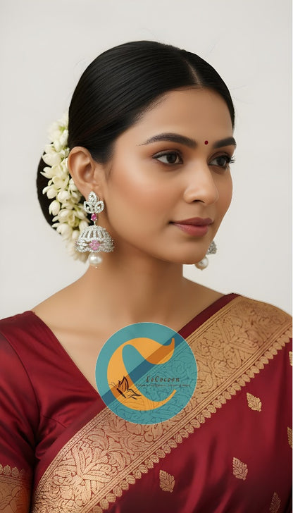 Ruby Red Diamond Finish Pearl Drop Earrings | Festive Bridal Jewellery