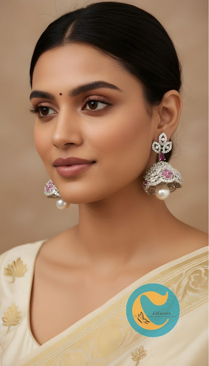 Ruby Red Diamond Finish Pearl Drop Earrings | Festive Bridal Jewellery