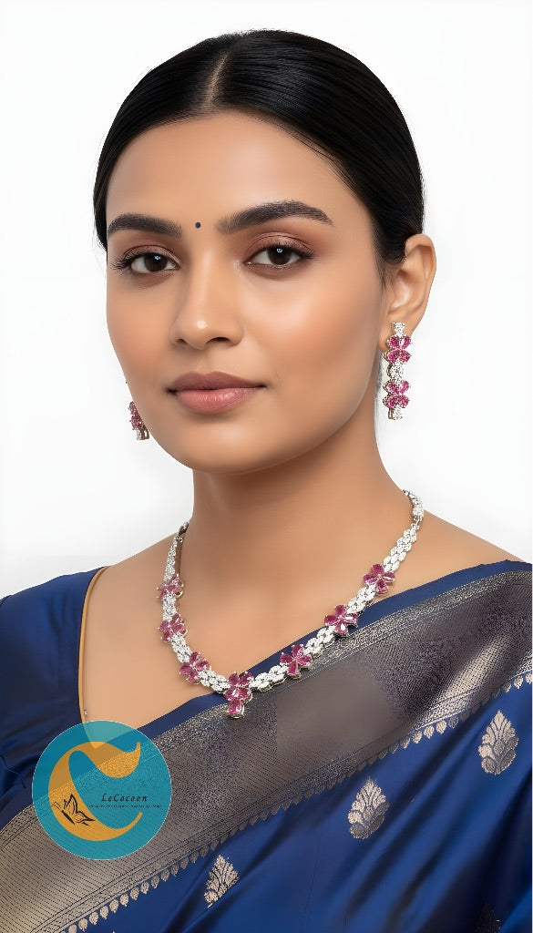 Pink Floral American Diamond Necklace Set with Earrings
