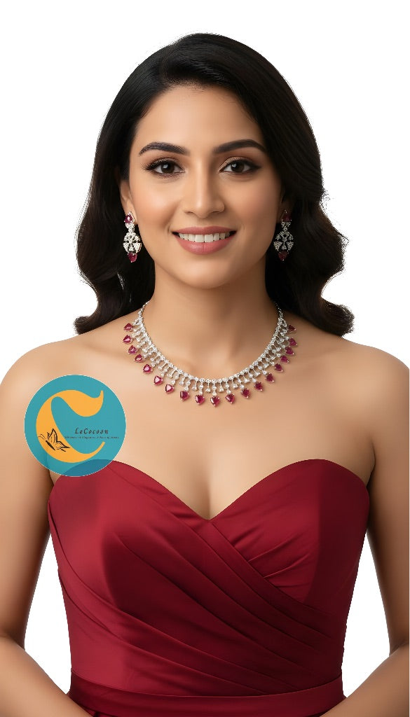 Red American Diamond Necklace Set with Earrings