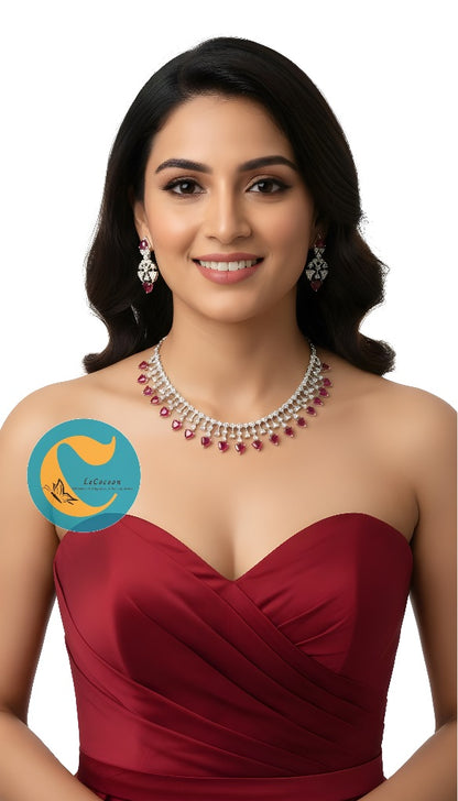 Red American Diamond Necklace Set with Earrings