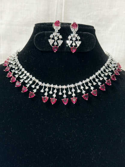 Red American Diamond Necklace Set with Earrings