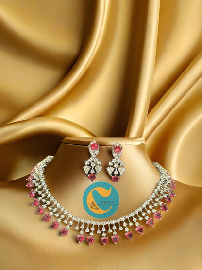 Red American Diamond Necklace Set with Earrings