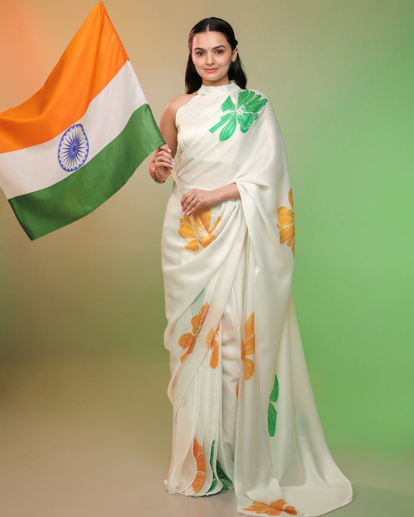 Tricolour-Inspired Soft Printed Saree with Blouse Piece