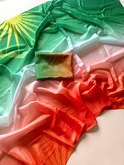 Tricolour-Inspired Soft Printed Saree with Blouse Piece